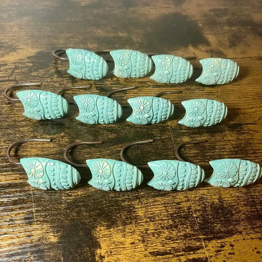 Vintage Owl Shower Curtain Hooks Set of 12 Turquoise Aqua Blue Bathroom Decor